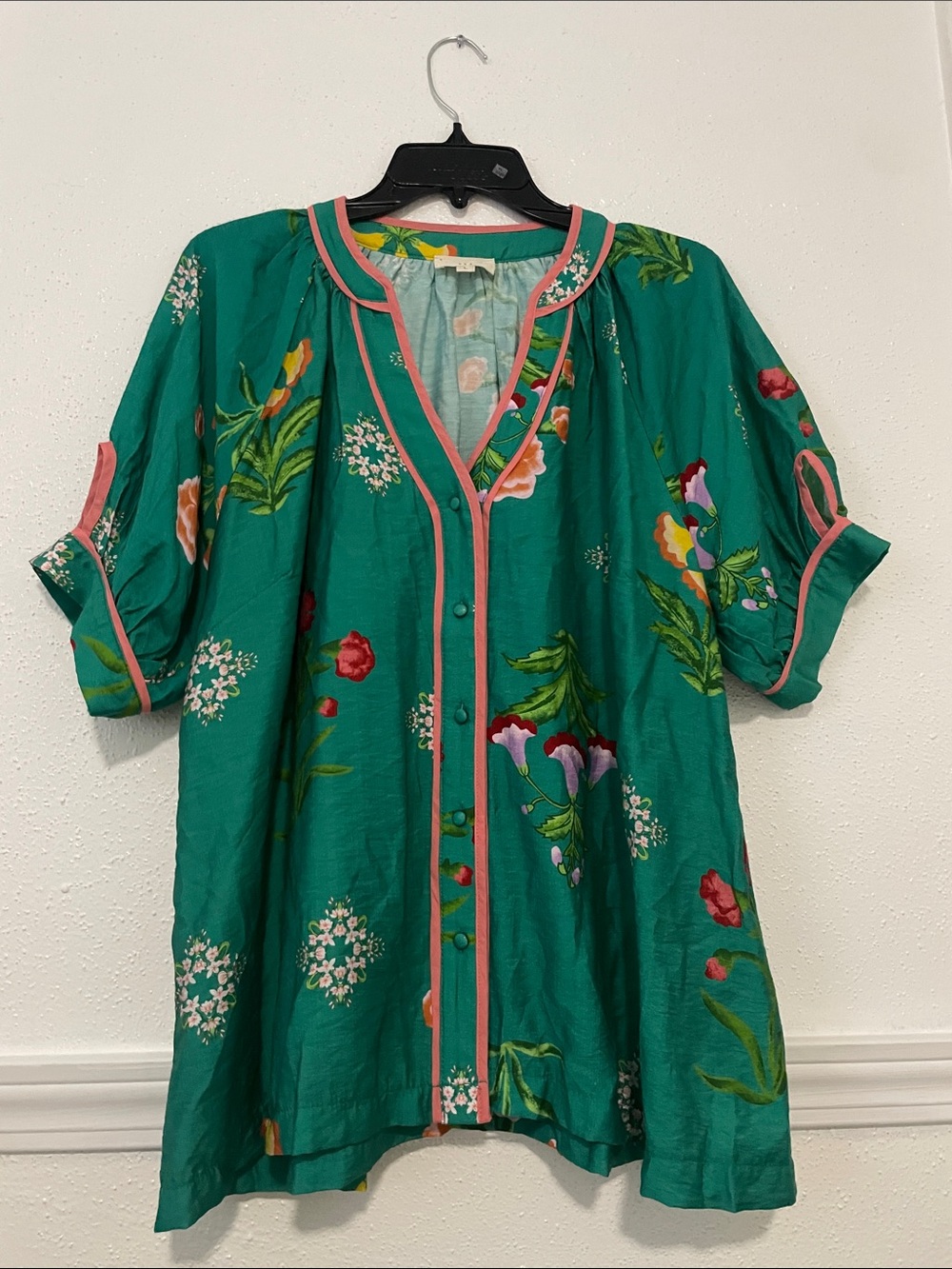 Umgee Teal Green Floral Button-Front Blouse with Pink Trim